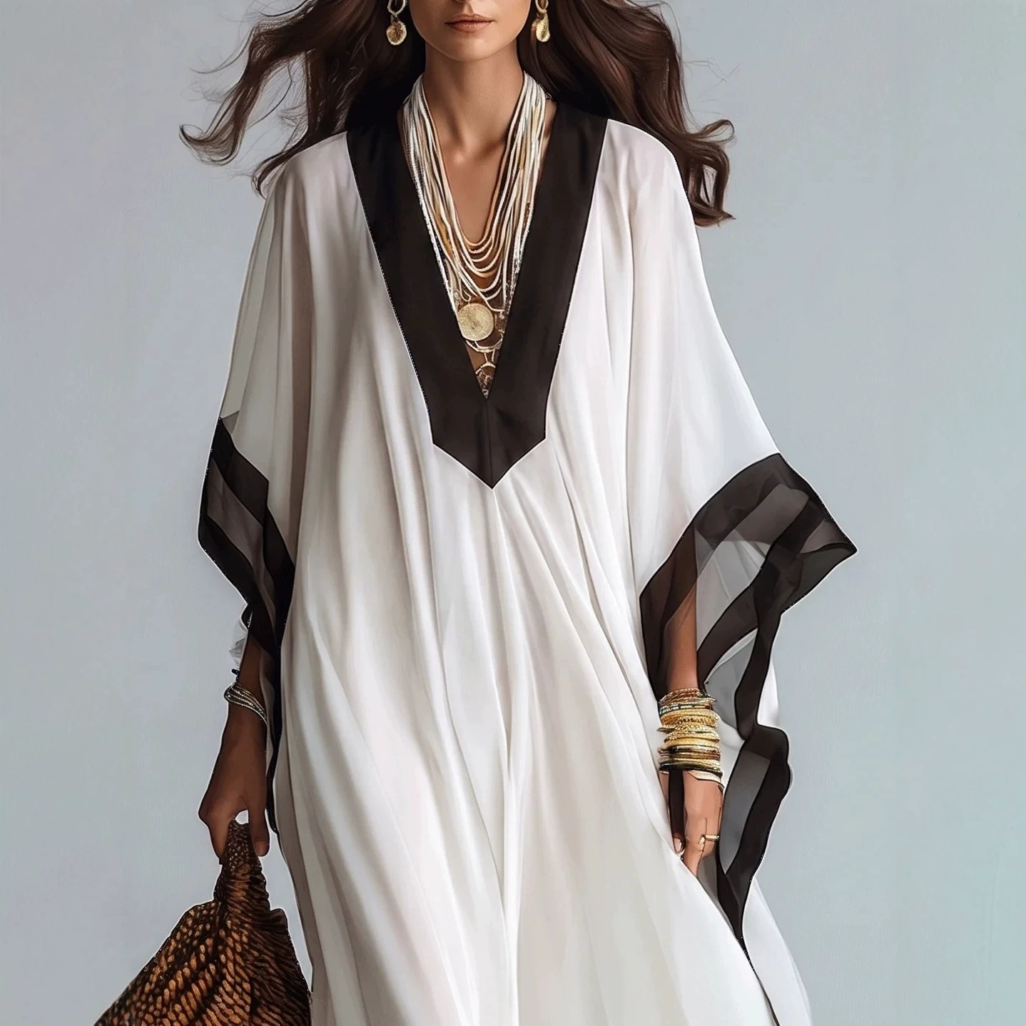 French Black and White Colorblock V-Neck Batwing Sleeve Maxi Dress
