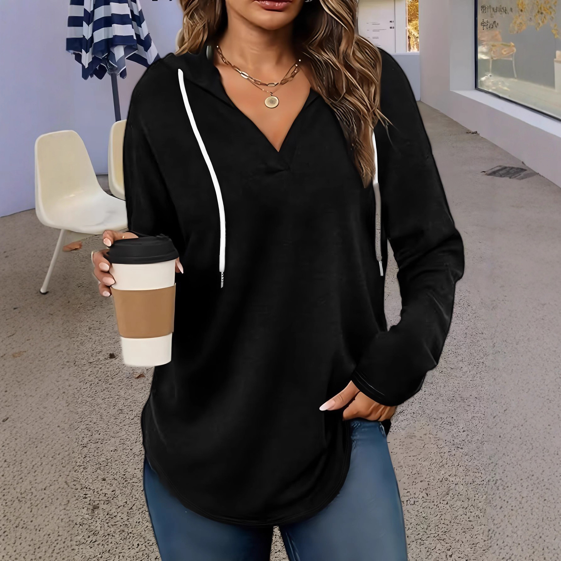 Women's V-Neck Hooded Long-Sleeve Sweatshirt