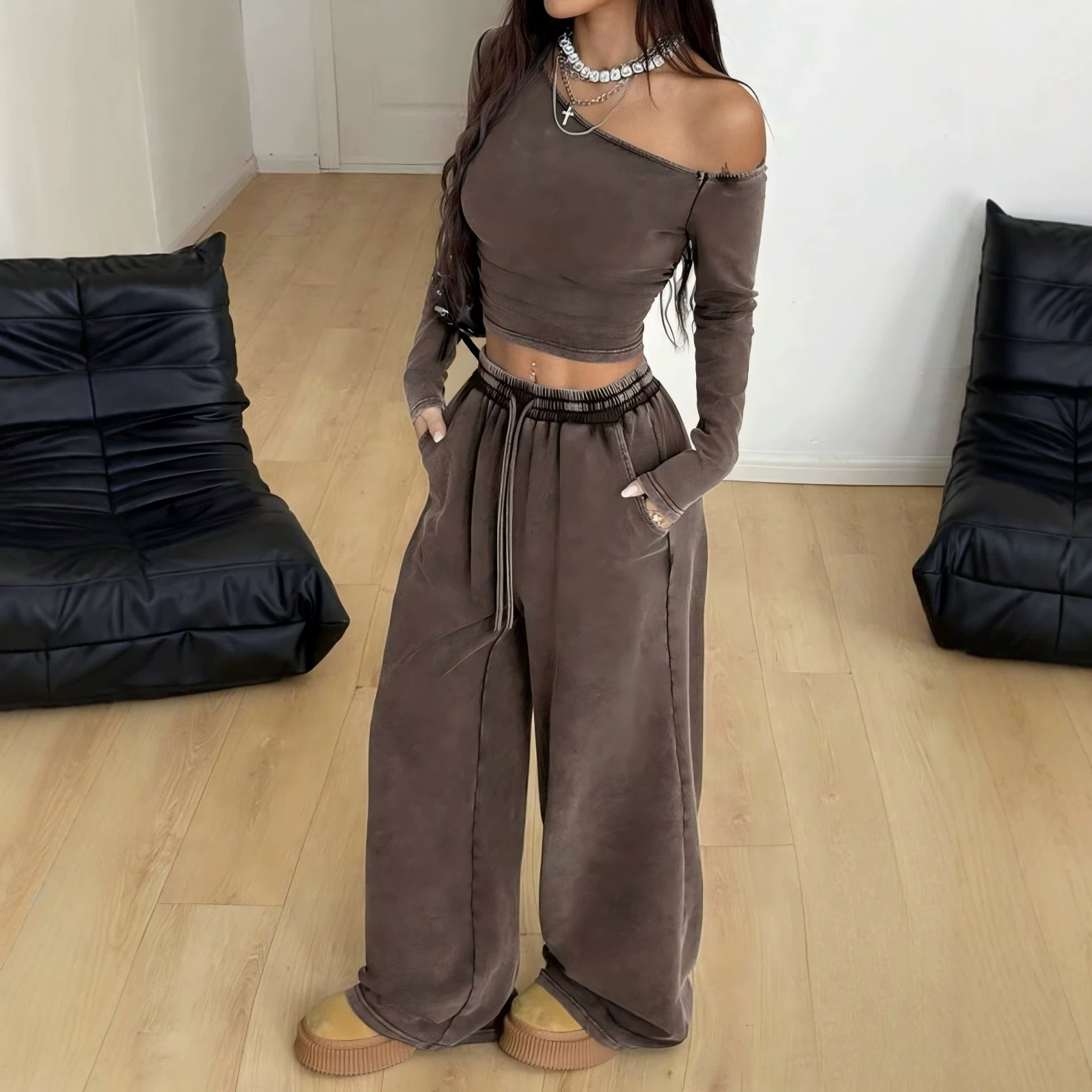 Washed Off-Shoulder Top & Wide-Leg Pants Lounge Set