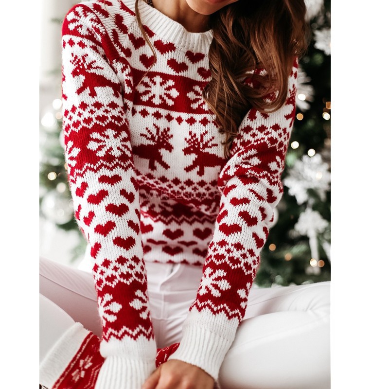 Christmas Reindeer Knit Sweater for Women Long Sleeve Pullover