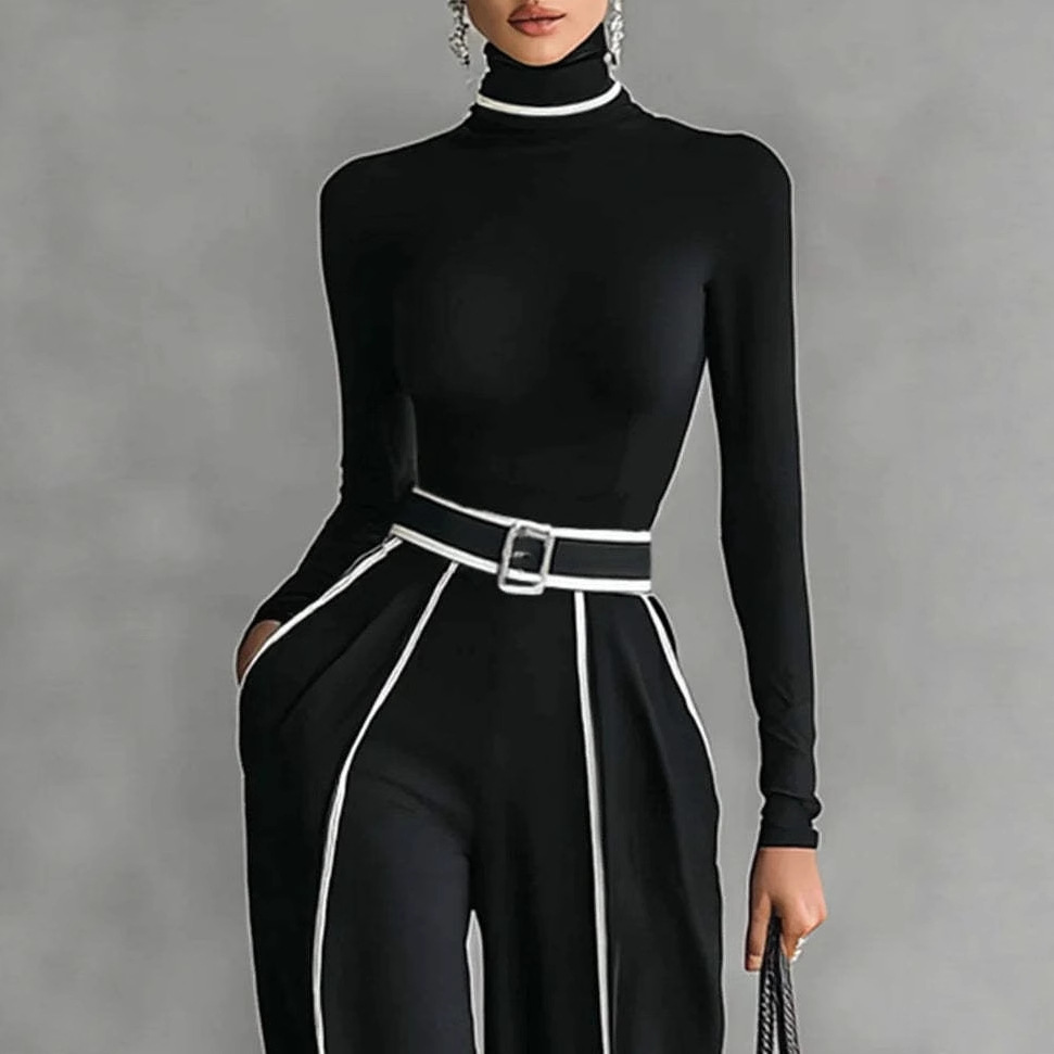 Elegant Stand Collar Color-Block Trim Waist-Slimming Long-Sleeve Knit and Wide-Leg Pants Two-Piece Set