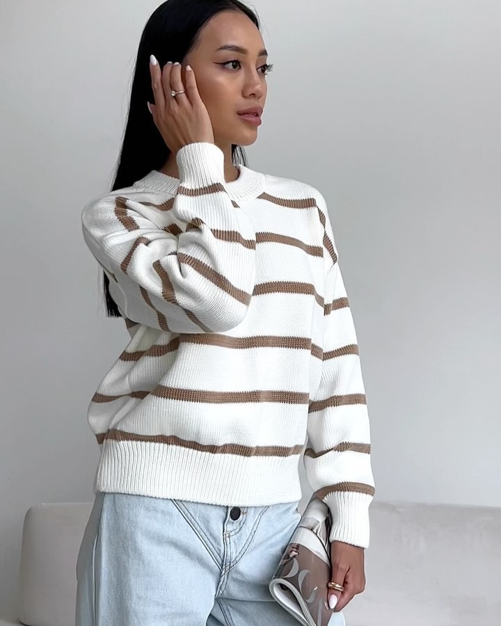 Striped Knit Sweater Crewneck Long Sleeve Colorblock Pullover