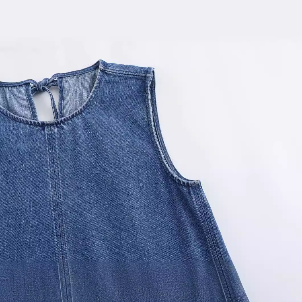 Light Blue Round Neck Denim Panel Dress