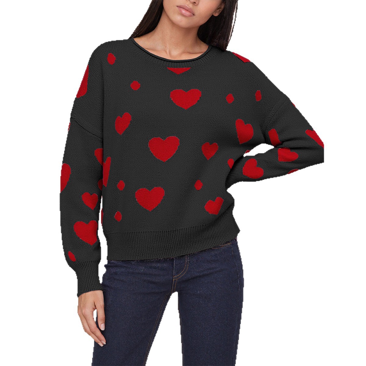 Heart Pattern Knit Sweater Women's Pullover Loose Fit Crew Neck Long Sleeve