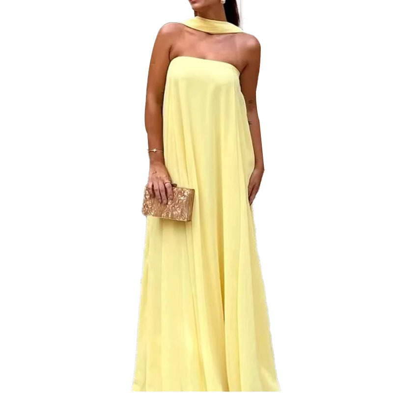 Women's Strapless Long Evening Dress Solid Color High Waist