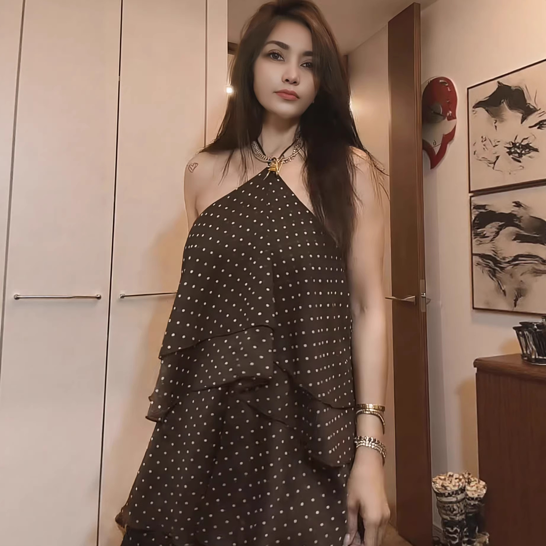 Women's Polka Dot Halter Neck Layered Midi Dress Sleeveless