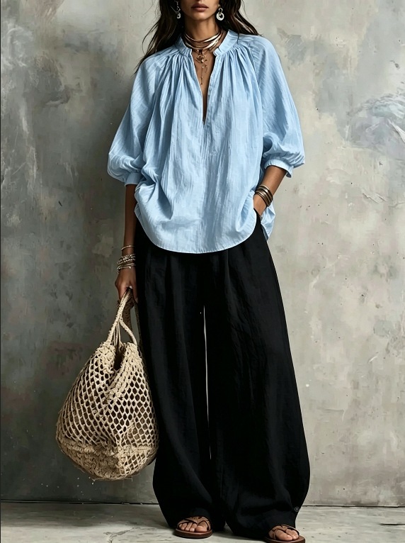 Women's Solid Color Stand Collar Lantern Sleeve Top & Wide-Leg Pants Two-Piece Set