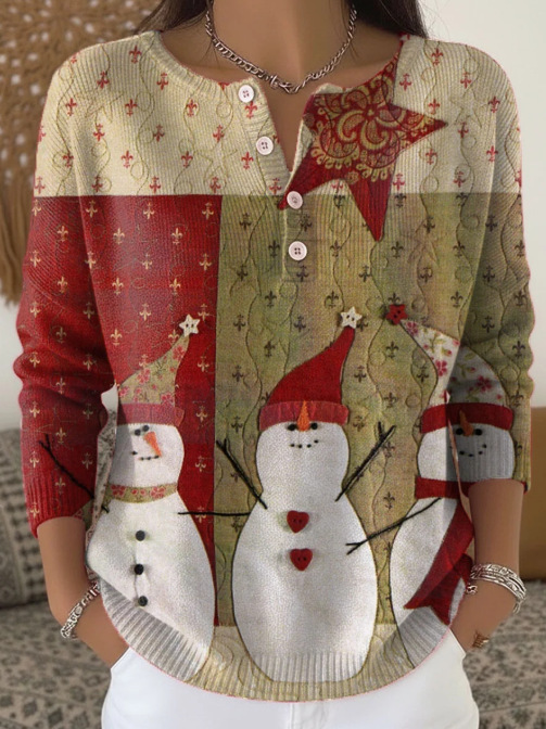 Women's Christmas Tree Snowman Scarf Print Button Sweatshirt