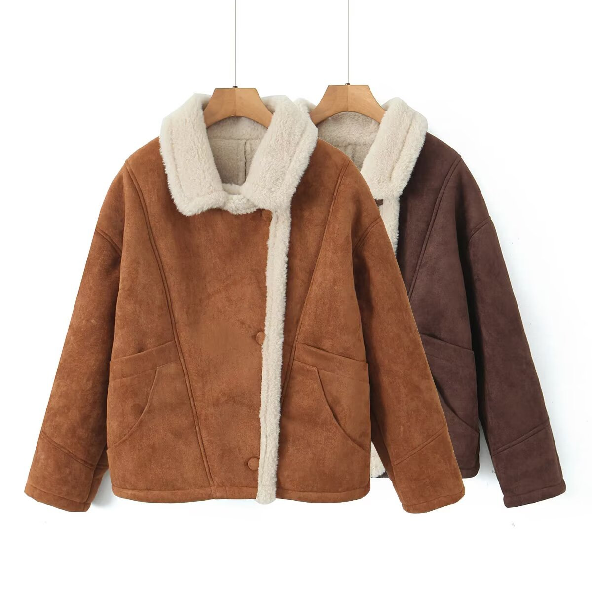 Women's Retro Faux Shearling Coat Round Neck Button Front