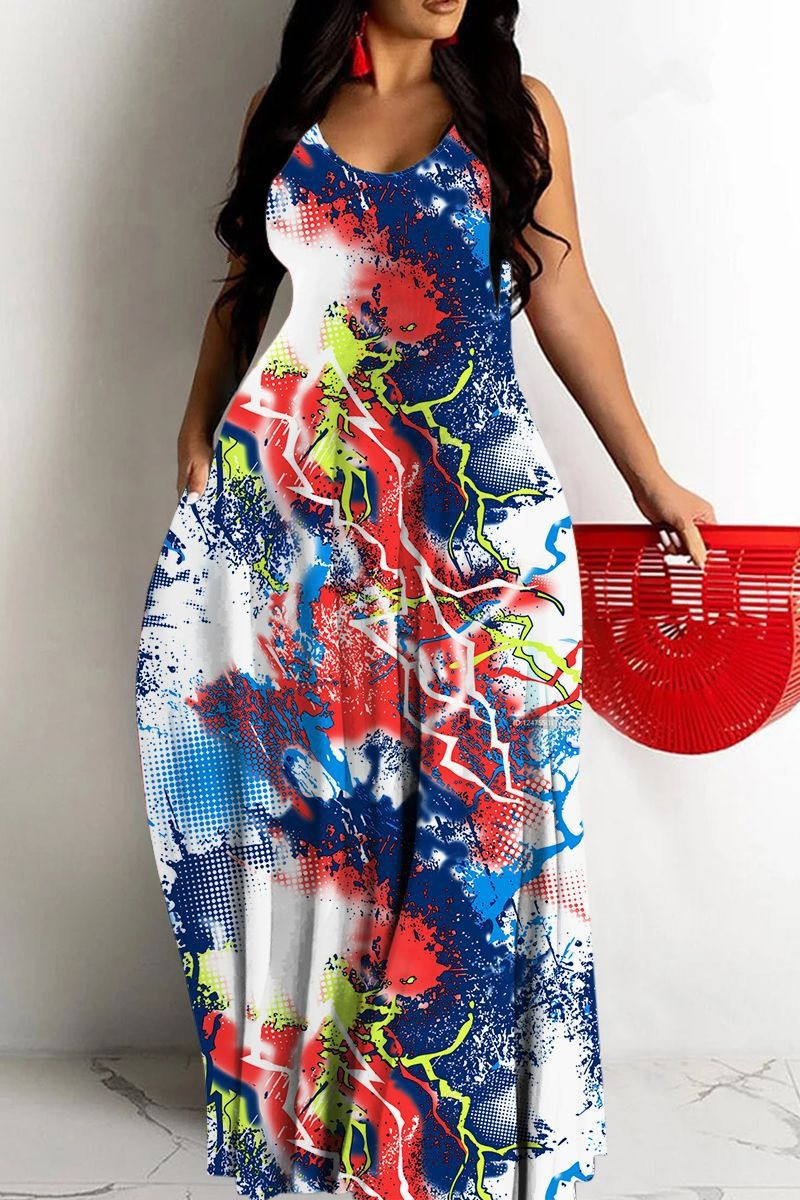 Women's Printed Deep V-Neck Sleeveless Maxi Dress