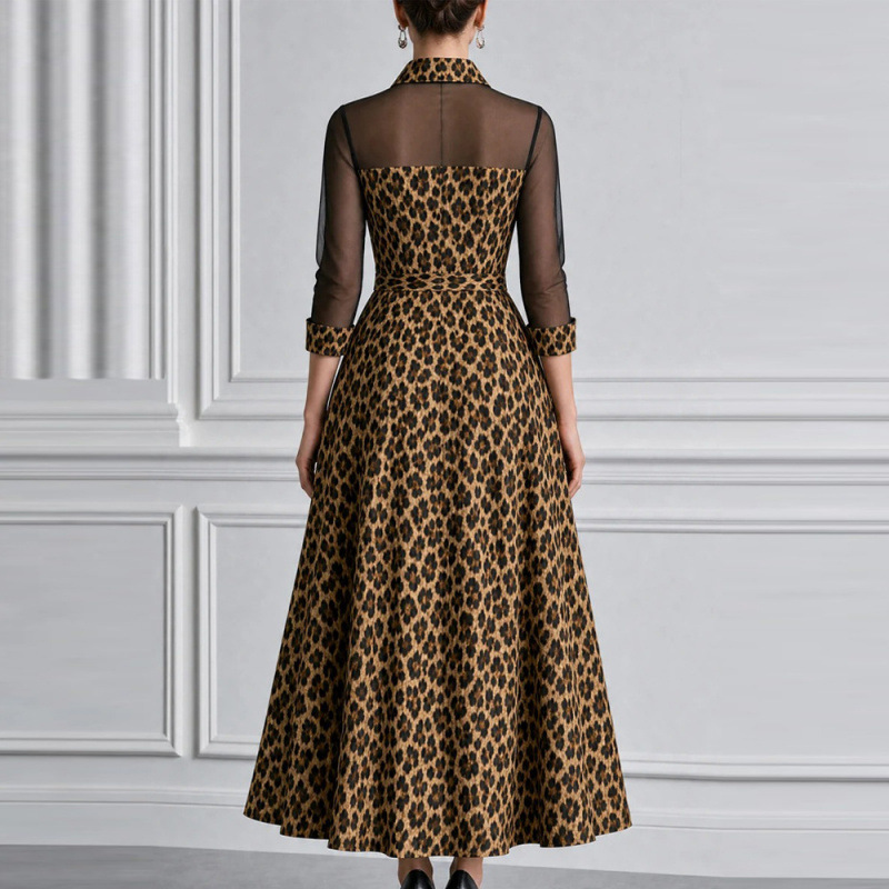 Leopard Print Collared Long Sleeve A-Line Maxi Dress