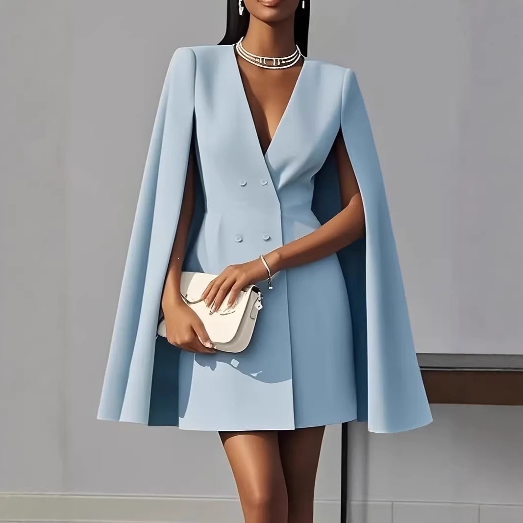 Double-Breasted Cape Blazer Dress Solid Color V-Neck A-Line Midi