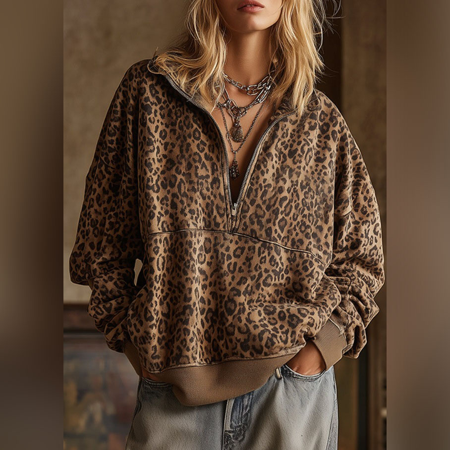Women's Comfortable Long Sleeve Half-Zip Leopard Print Sweatshirt