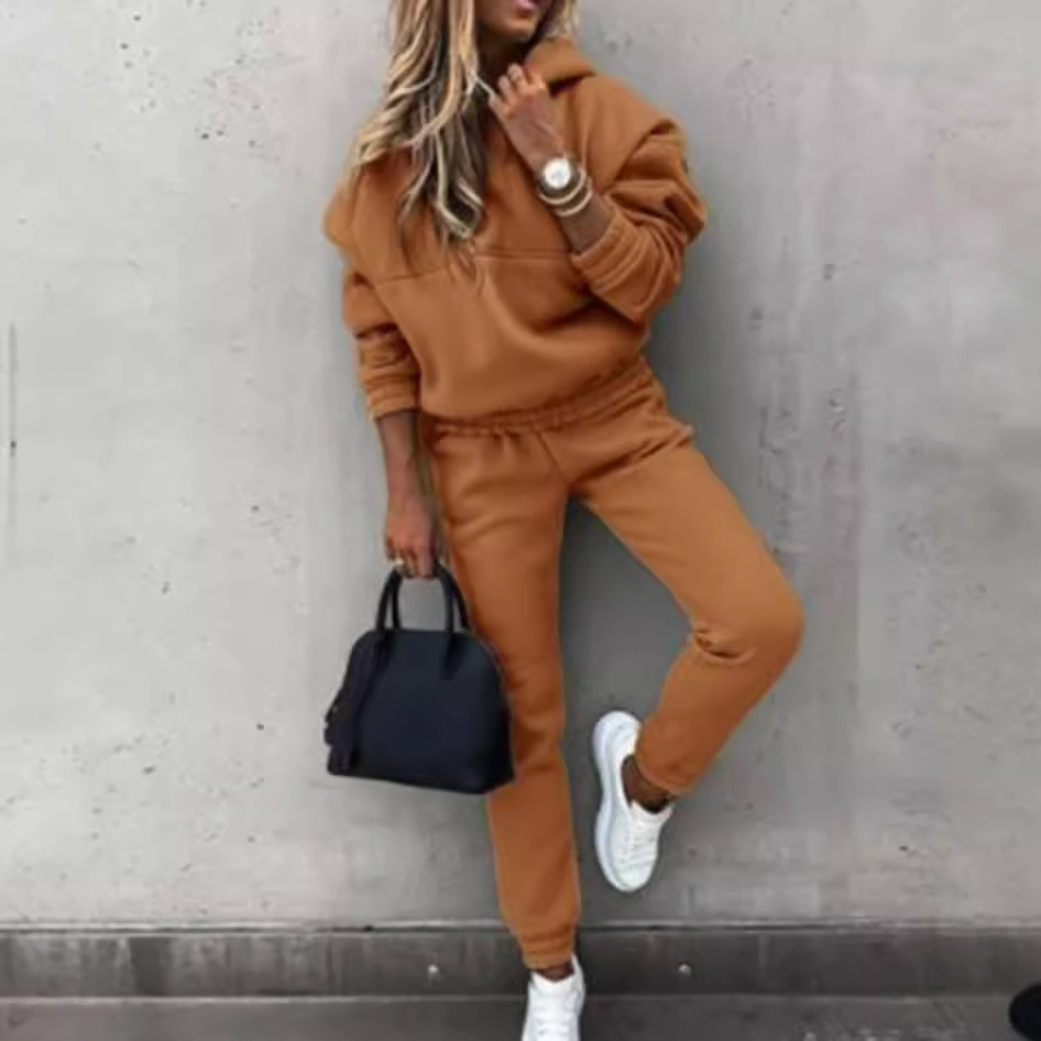 Women's Casual Solid Color Hoodie and Pants Set Long Sleeve Korean Style