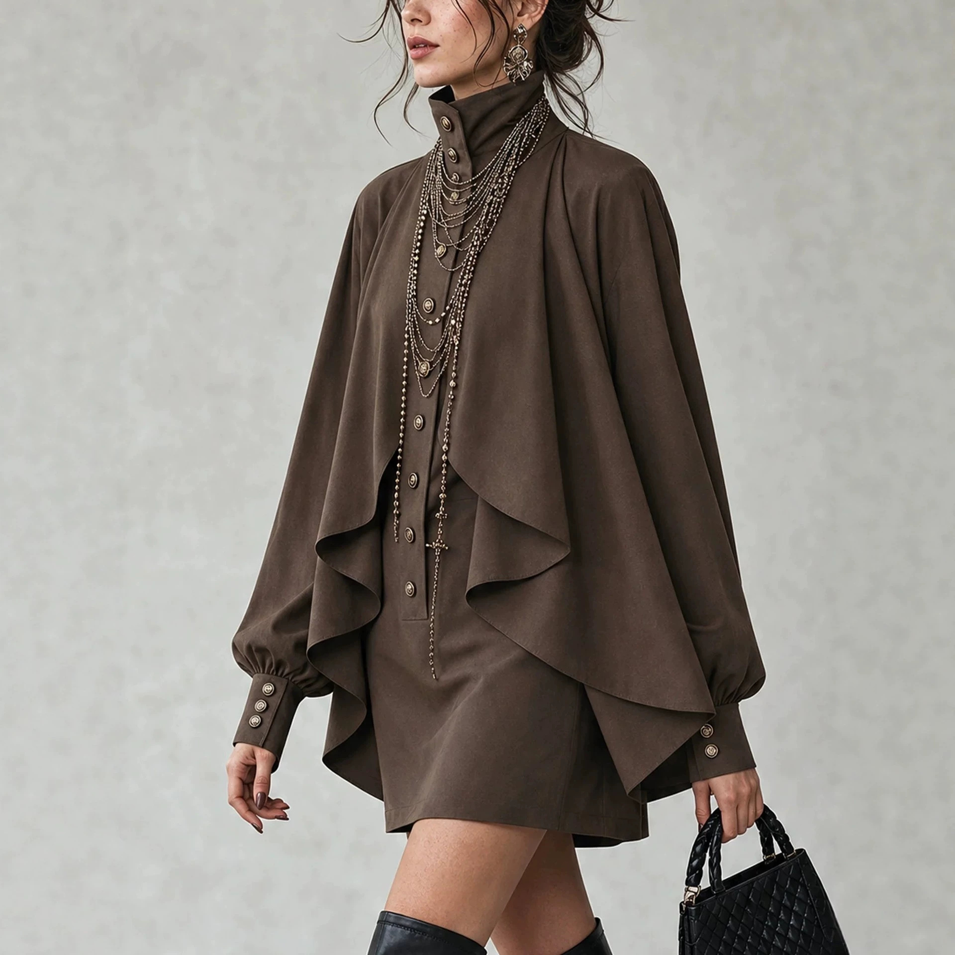 Dark Brown Stand-Collar Cape-Sleeve Shirt Dress with Metal Buttons, Bodycon Mini