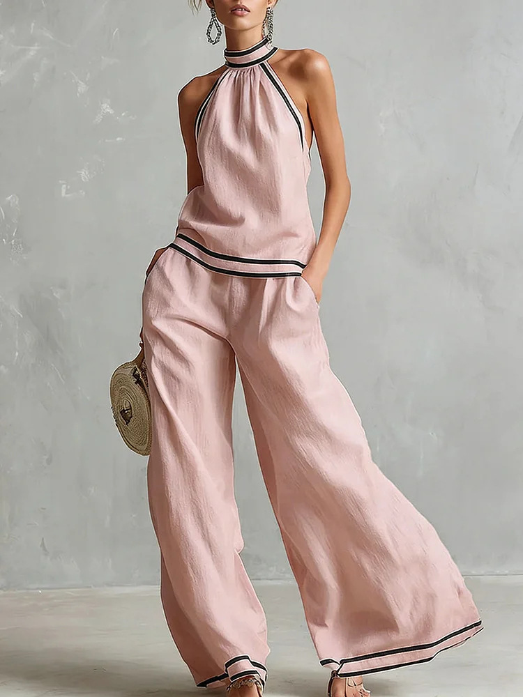 Striped Halter Sleeveless Wide-Leg Two-Piece Set