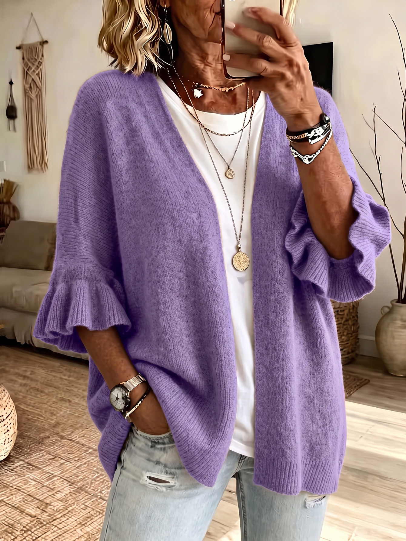 Plus Size Solid Color 3/4 Sleeve Knit Cardigan Sweater Women's Loose Casual