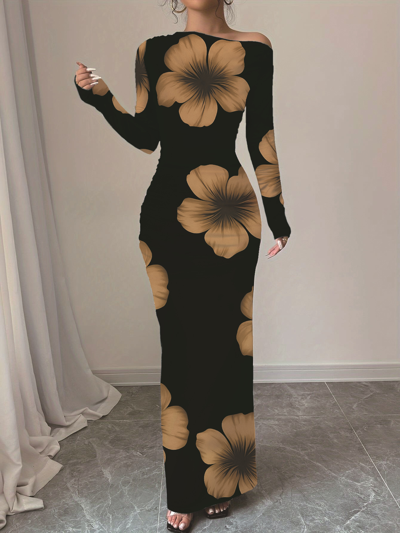 Off-Shoulder Floral Print Bodycon Long Dress
