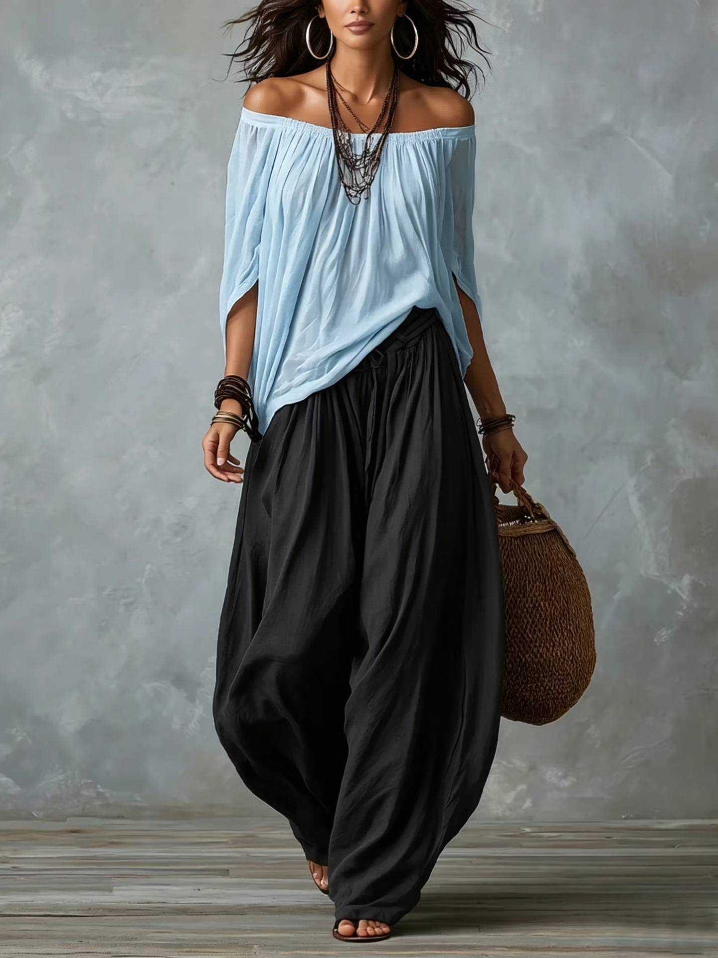 Women's Casual Solid Off-Shoulder Top and Lantern Pants Set