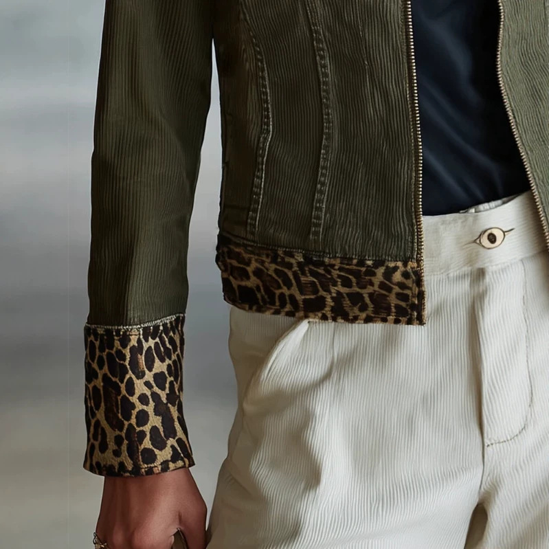 Retro Leopard Trim Zip-Up Olive Jacket