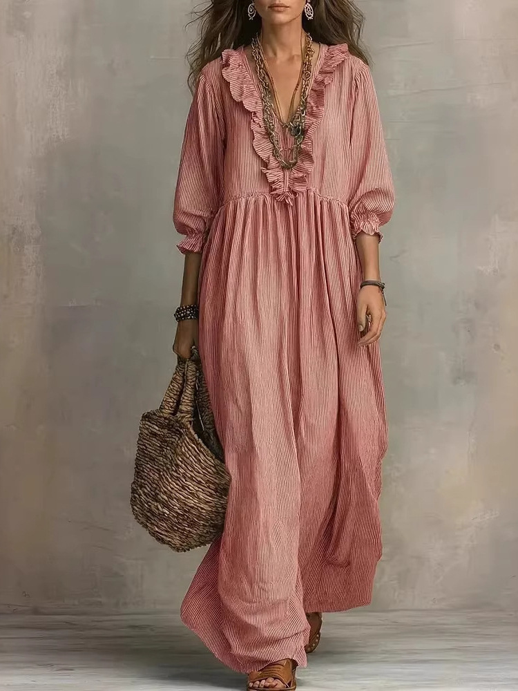 Striped Ruffle High-Waist V-Neck Loose Casual Dress