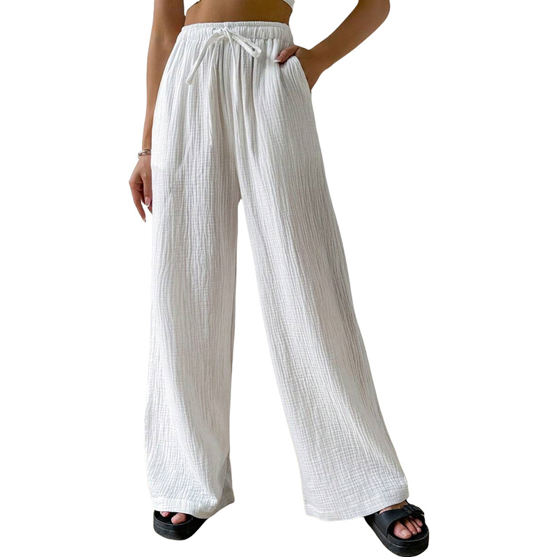Cotton-Linen Crinkled Wide-Leg Lounge Pants for Women, Loose Solid Color