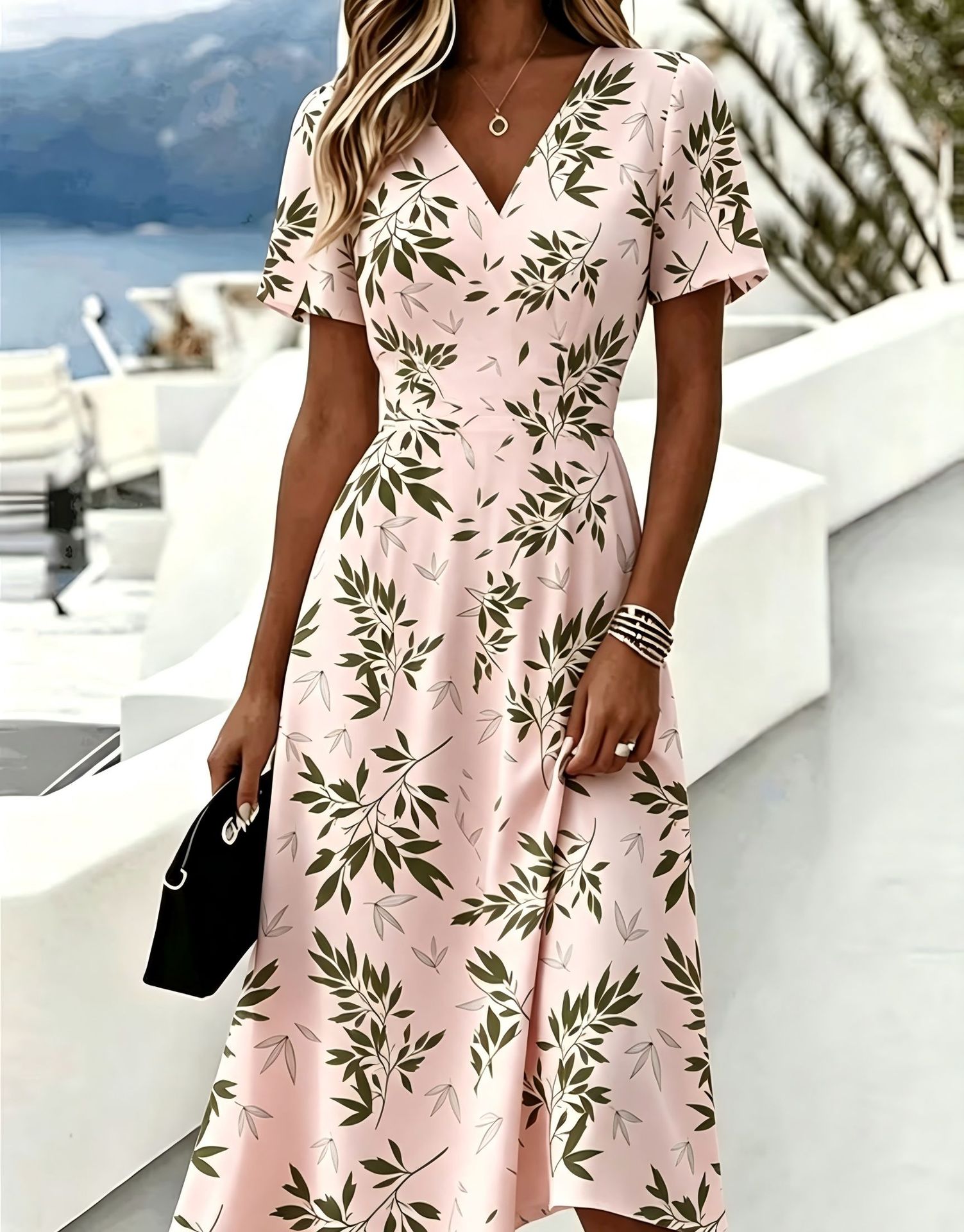 Women's Floral Leaf Print Casual Midi Dress with Deep V-Neck and Short Sleeves
