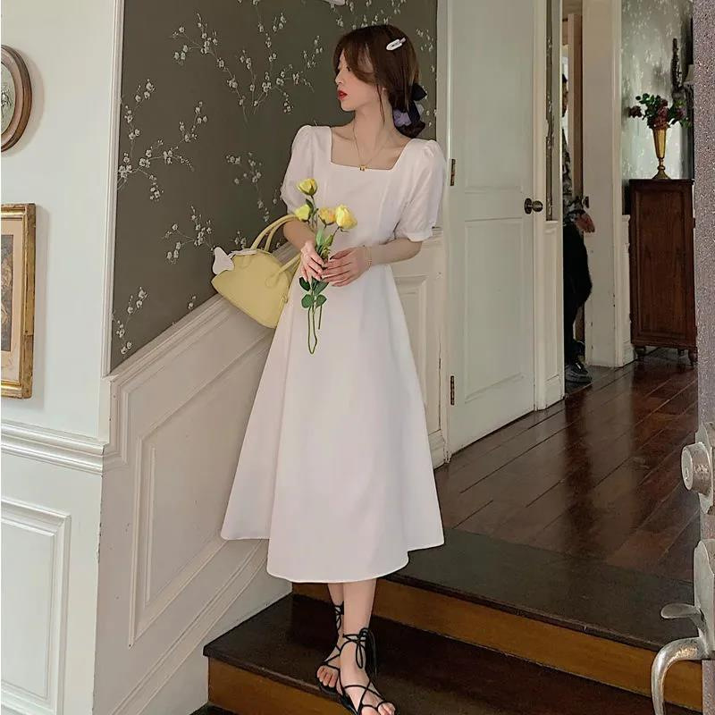 Women's Square Neck A-Line Midi Dress with Short Sleeves and Cinched Waist