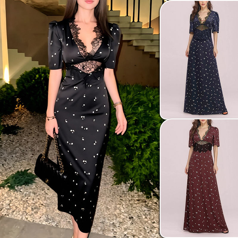 Women's Slim Fit Lace Trim Printed Dress