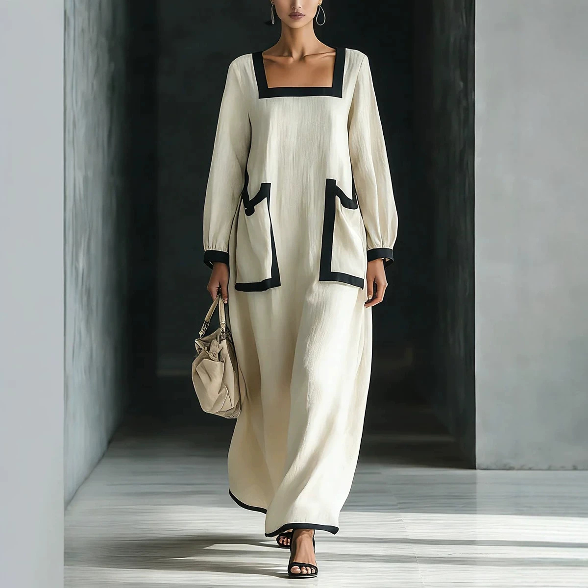Square Neck Colorblock Trim Cotton-Linen Maxi Dress with Lantern Sleeves and Pockets