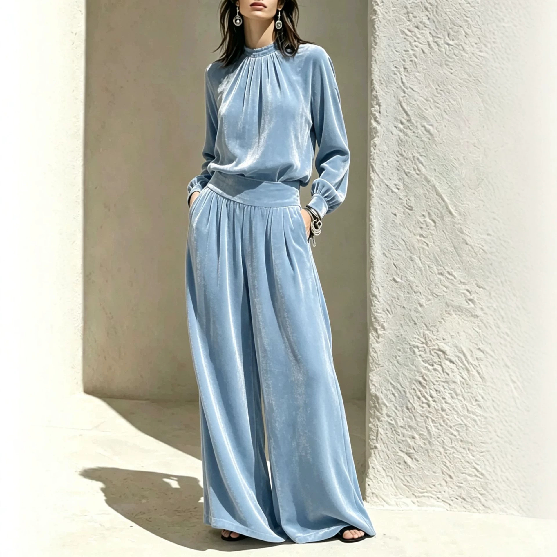 Women's Velvet Ruched Top & Wide-Leg Pants Two-Piece Set