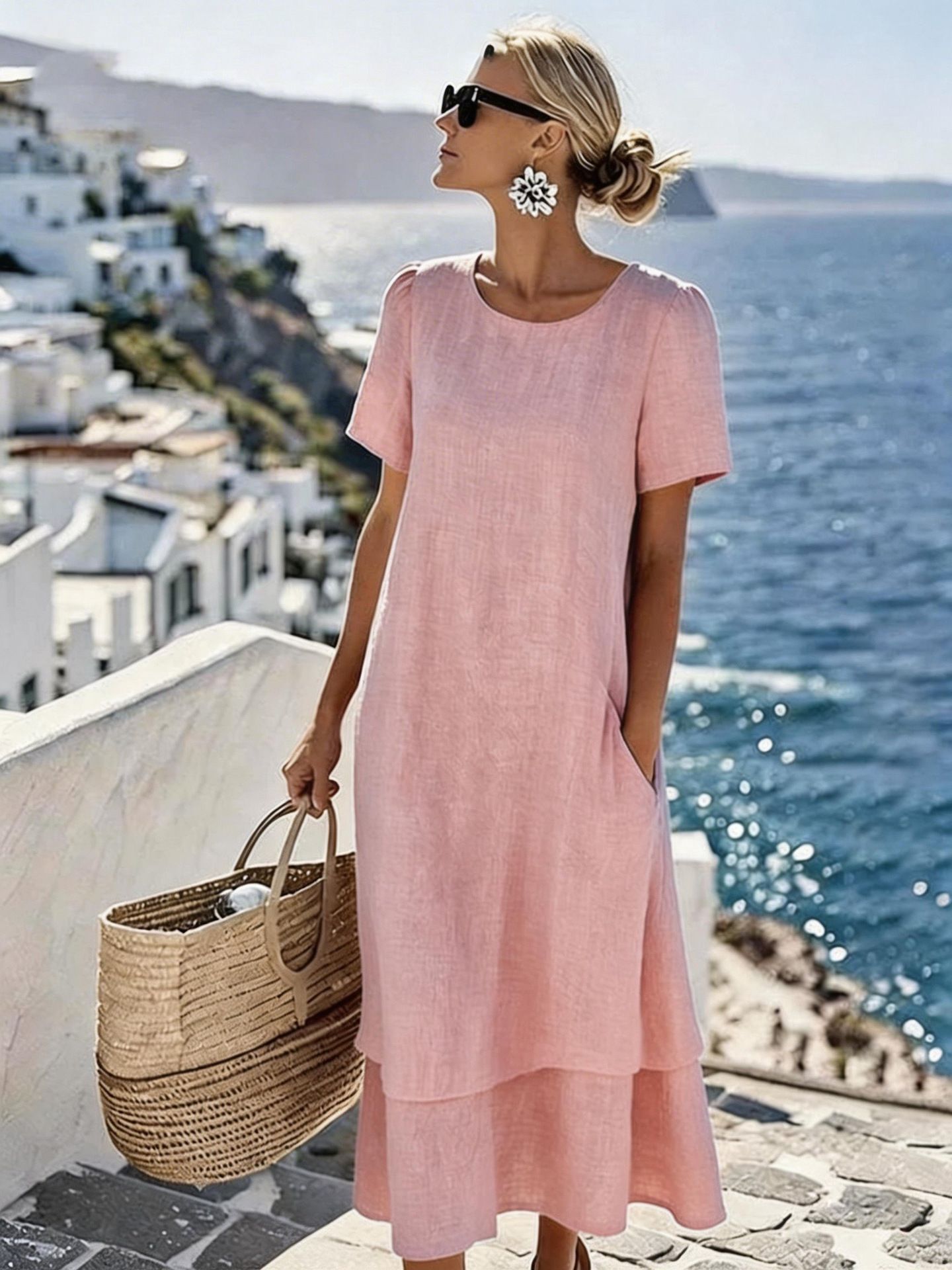 Women's Double-Layer Crew Neck Short Sleeve Casual Dress