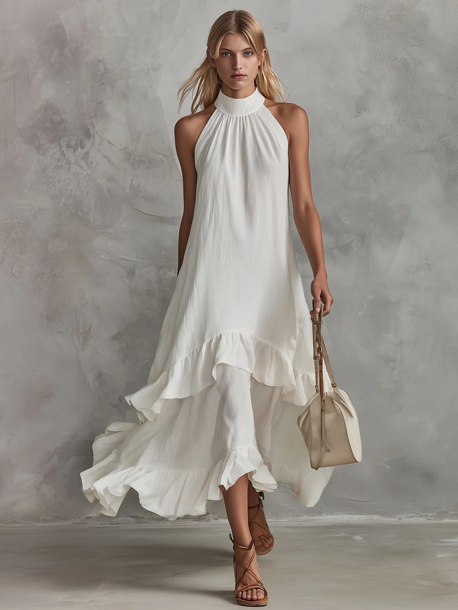 White Sleeveless Ruffle Midi Beach Dress
