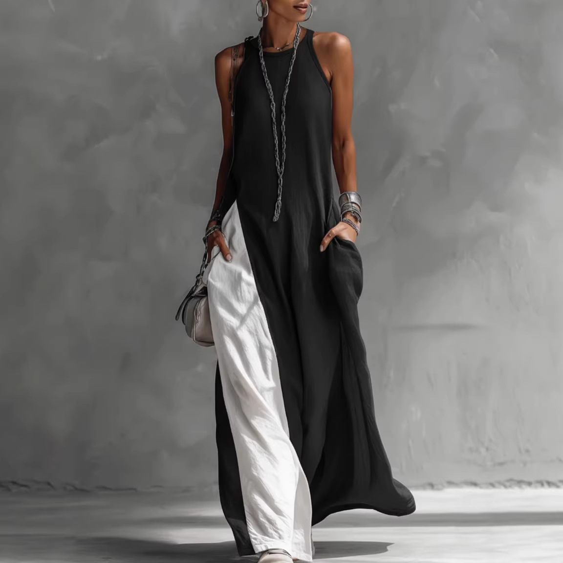 Women's Sleeveless Off-Shoulder Colorblock Maxi Dress with Pockets