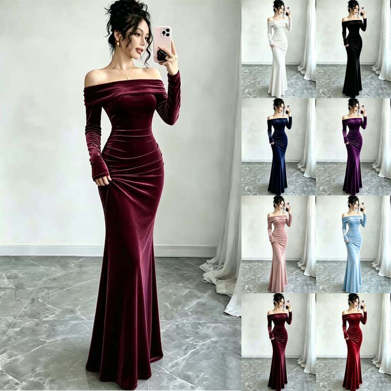 Gold Velvet Off-Shoulder Long Sleeve Bodycon Maxi Dress