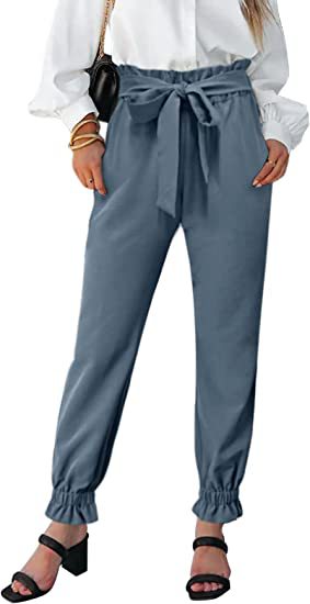 High-Waist Tie Belt Slim Fit Solid Color Pants for Women