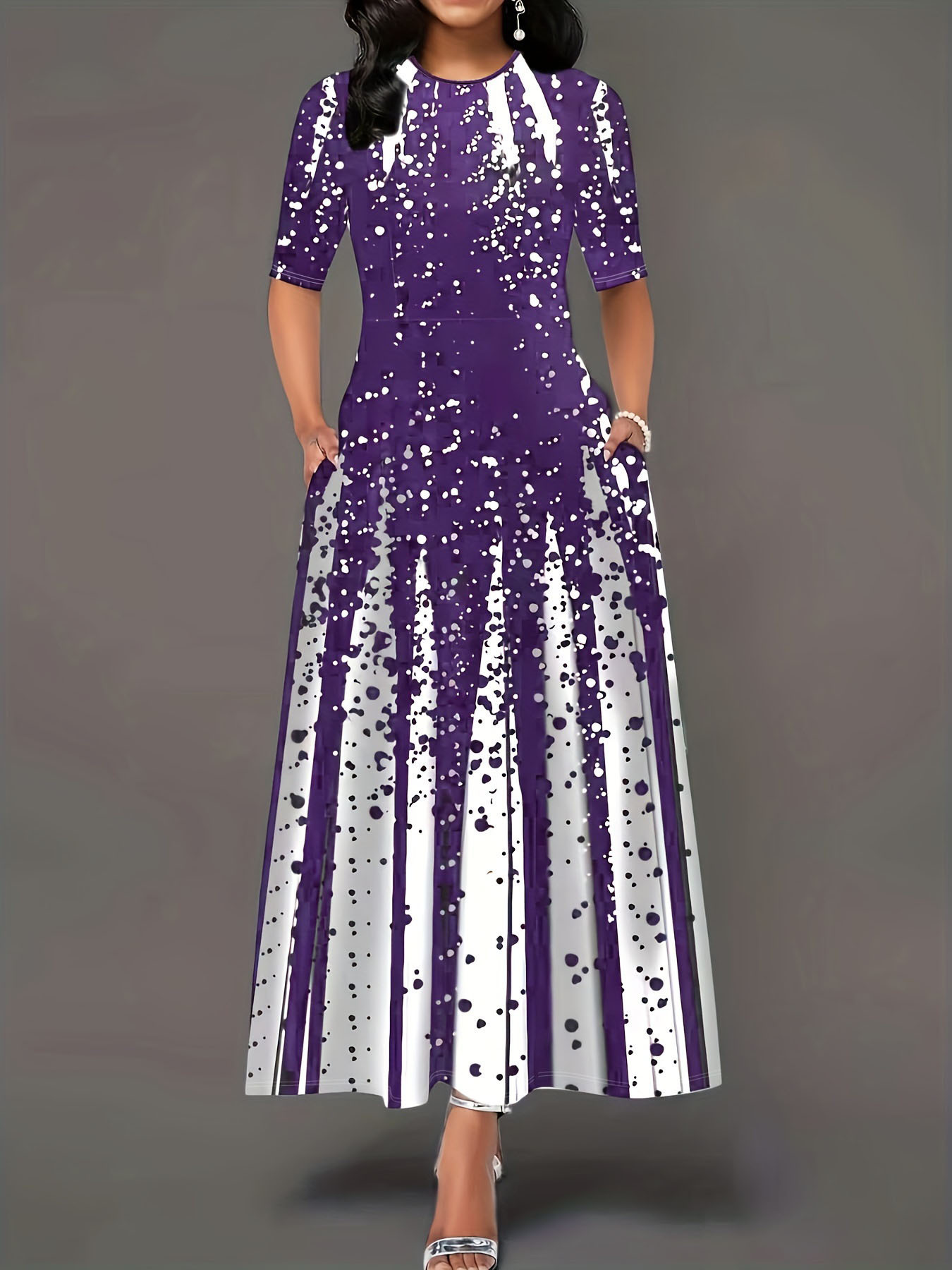 Women's Gradient Print Short Sleeve Round Neck Long Dress
