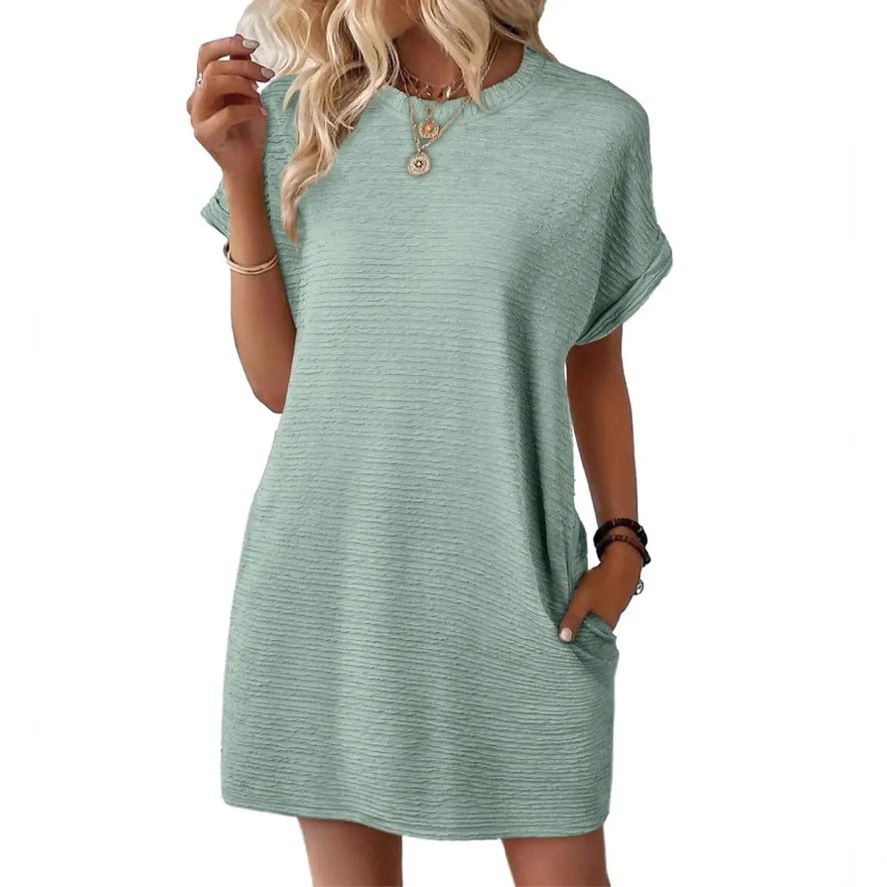 Women's Loose Crewneck Pocket Solid Short Sleeve Dress