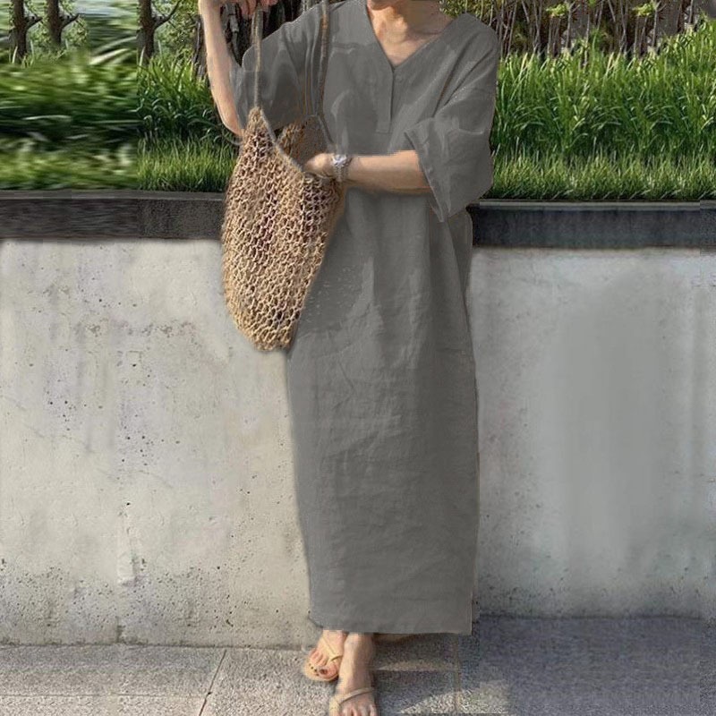 Women's Loose V-Neck Short Sleeve Cotton Linen Maxi Dress Plus Size Solid