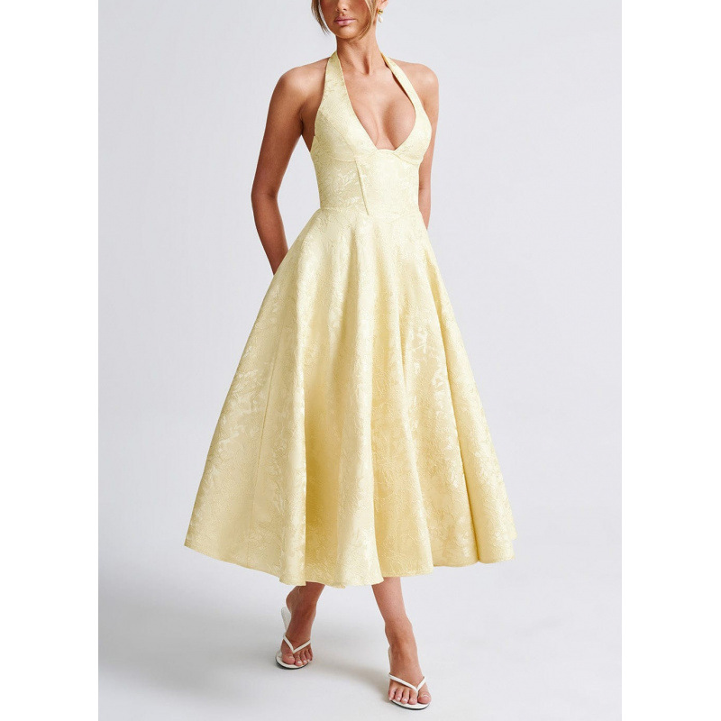 V-Neck Halter Jacquard Evening Dress Sleeveless Open-Back A-Line Long Gown