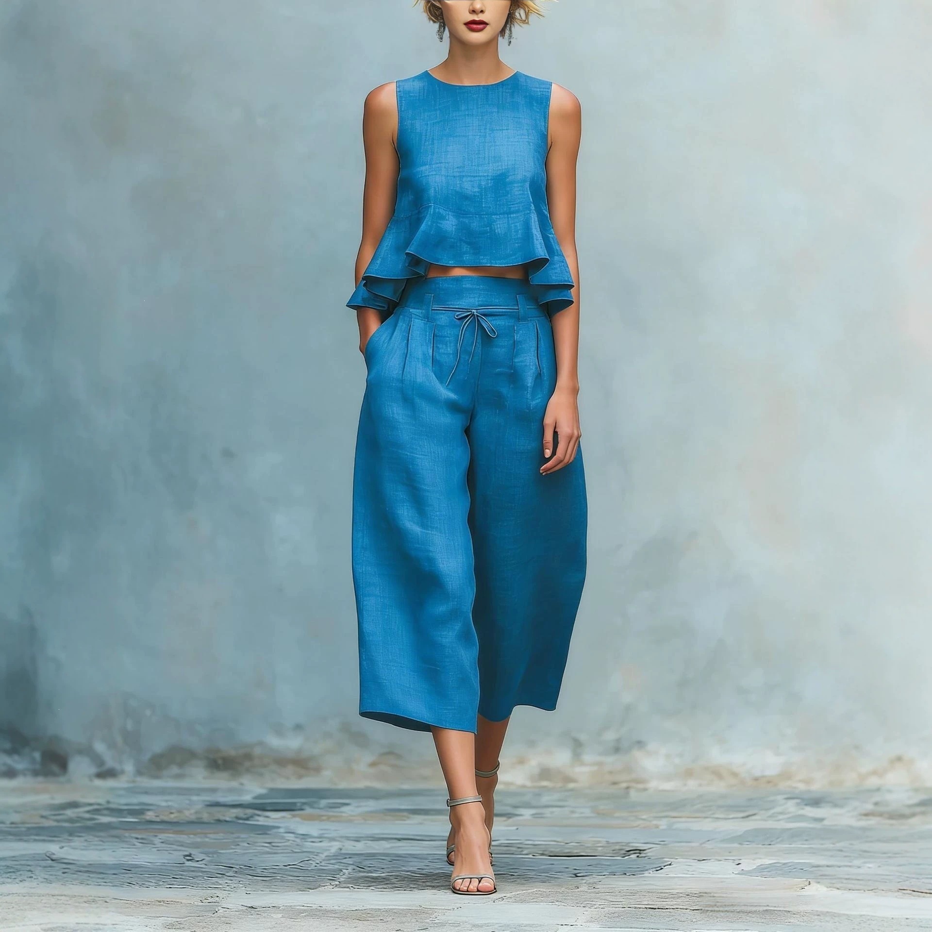 Sleeveless Ruched Tank Top & Wide-Leg Pants Cotton-Blend Set