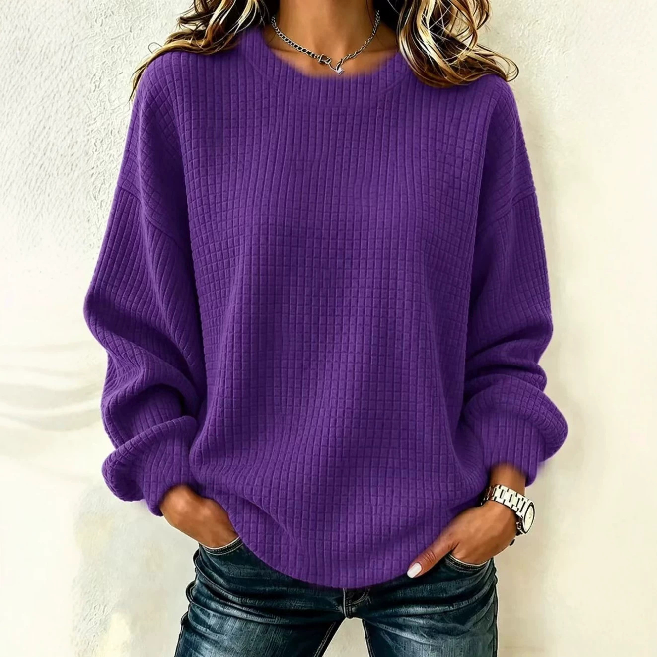 Waffle Knit Long Sleeve Crewneck Pullover Sweatshirt