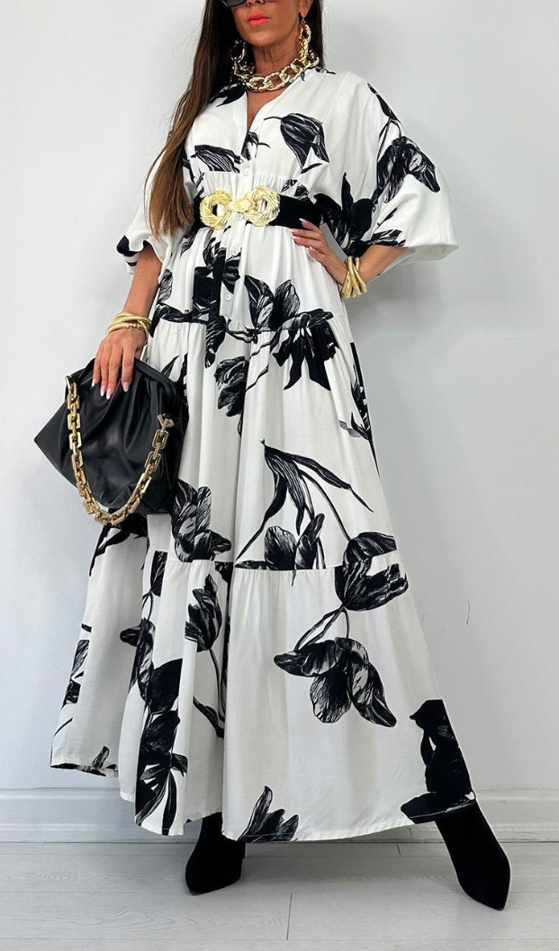 Floral Print Half-Open Neck 3/4 Sleeve Casual Midi Dress
