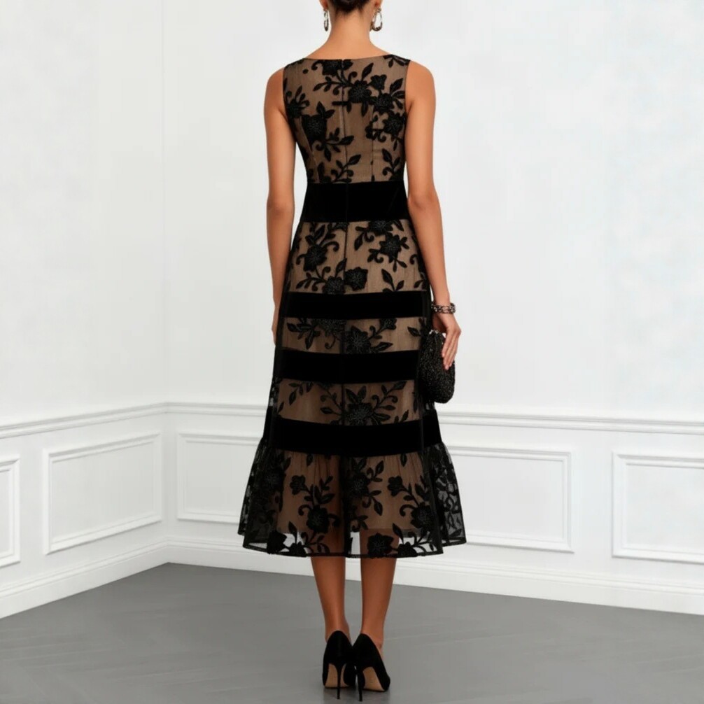 Black Mesh Flocked Jacquard Paneled Bodycon Dress