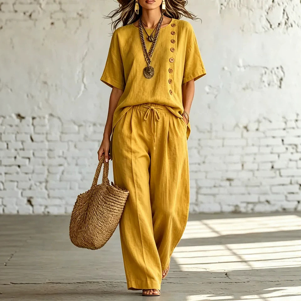 Women's Short Sleeve Side Button Loose Two-Piece Pant Set