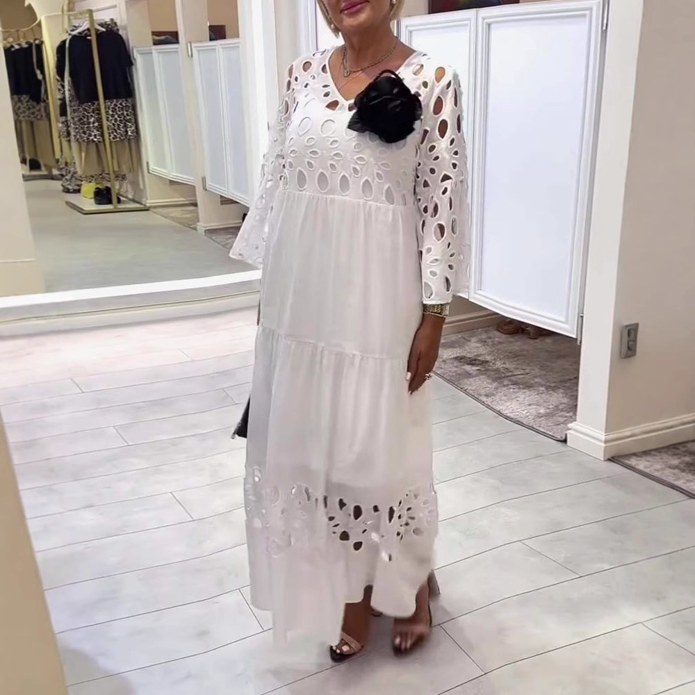 Women's V-Neck Lace Cutout Long Dress