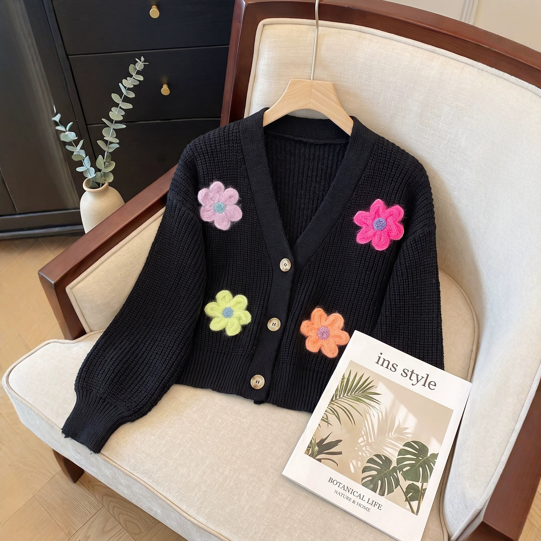 Women's Loose Knit Cardigan with 3D Floral Appliqué