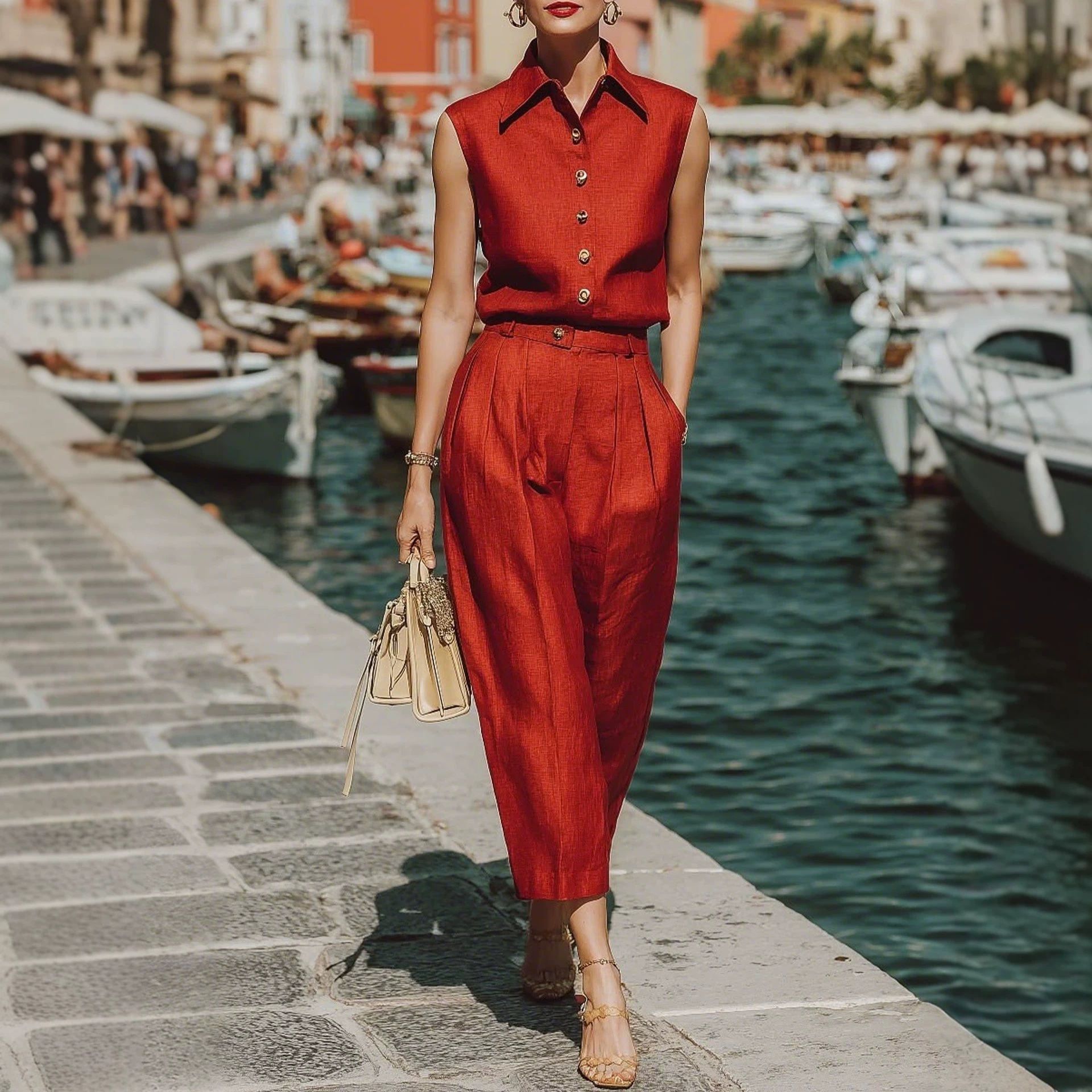 Red Collared Sleeveless Shirt and Pants Two-Piece Set