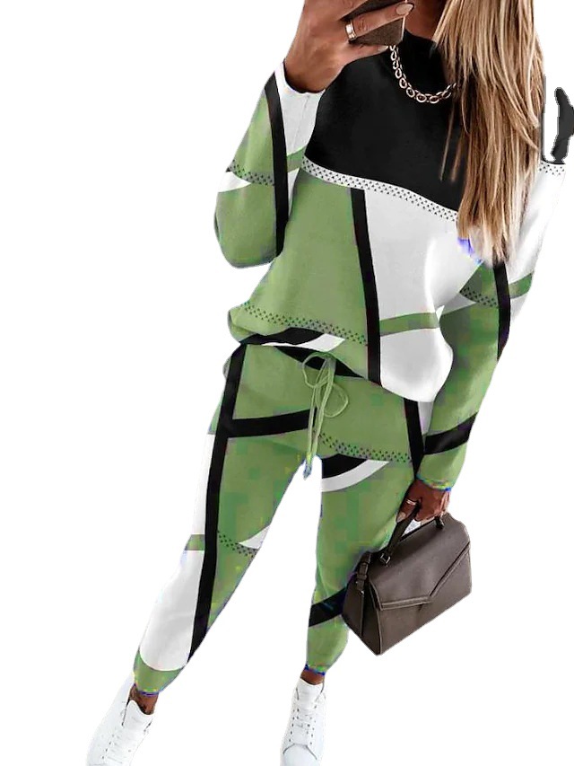 Women's Colorblock Print Long Sleeve Casual Pants Set