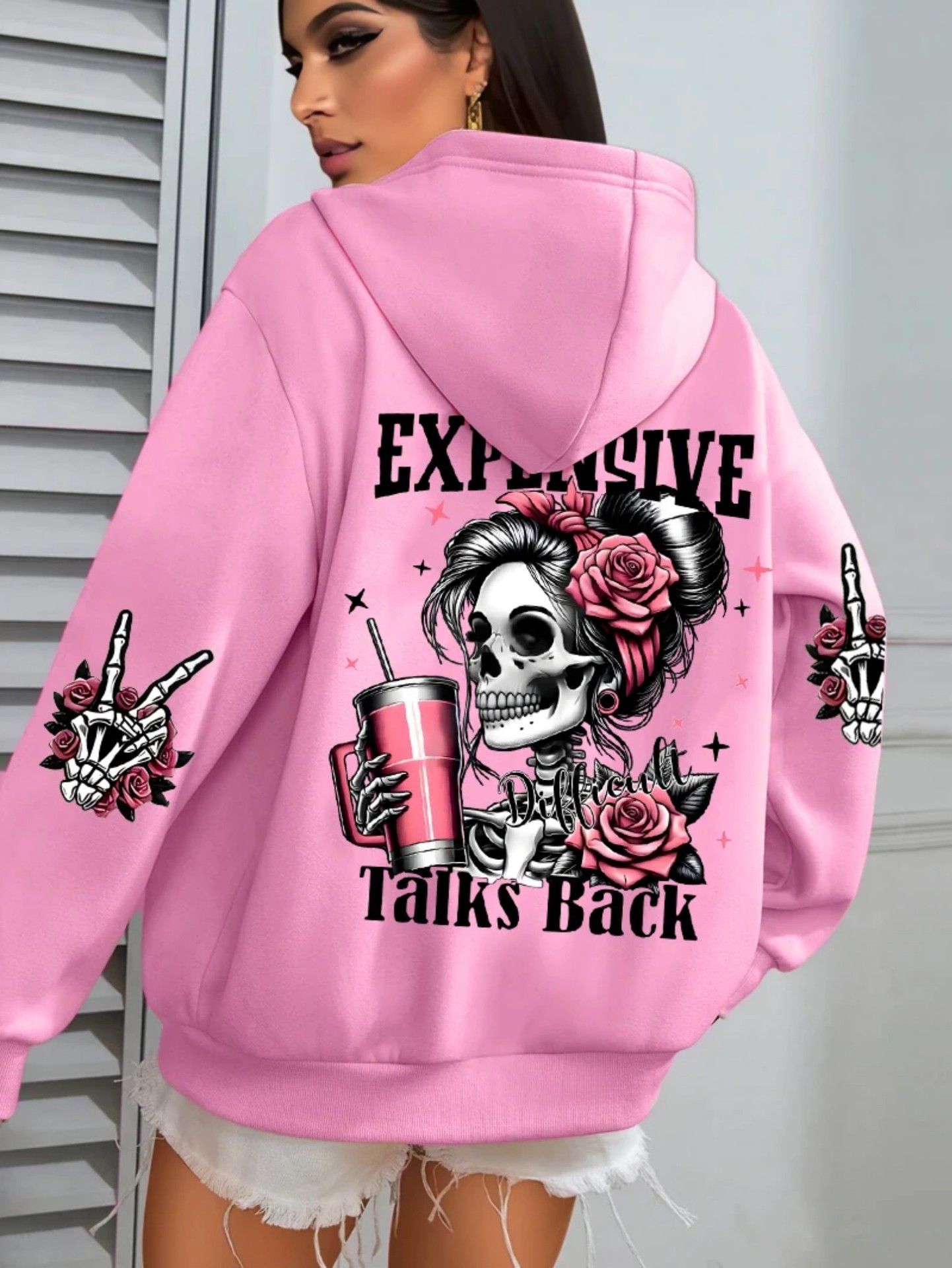 Women's Pink Skull Soda Print Hoodie